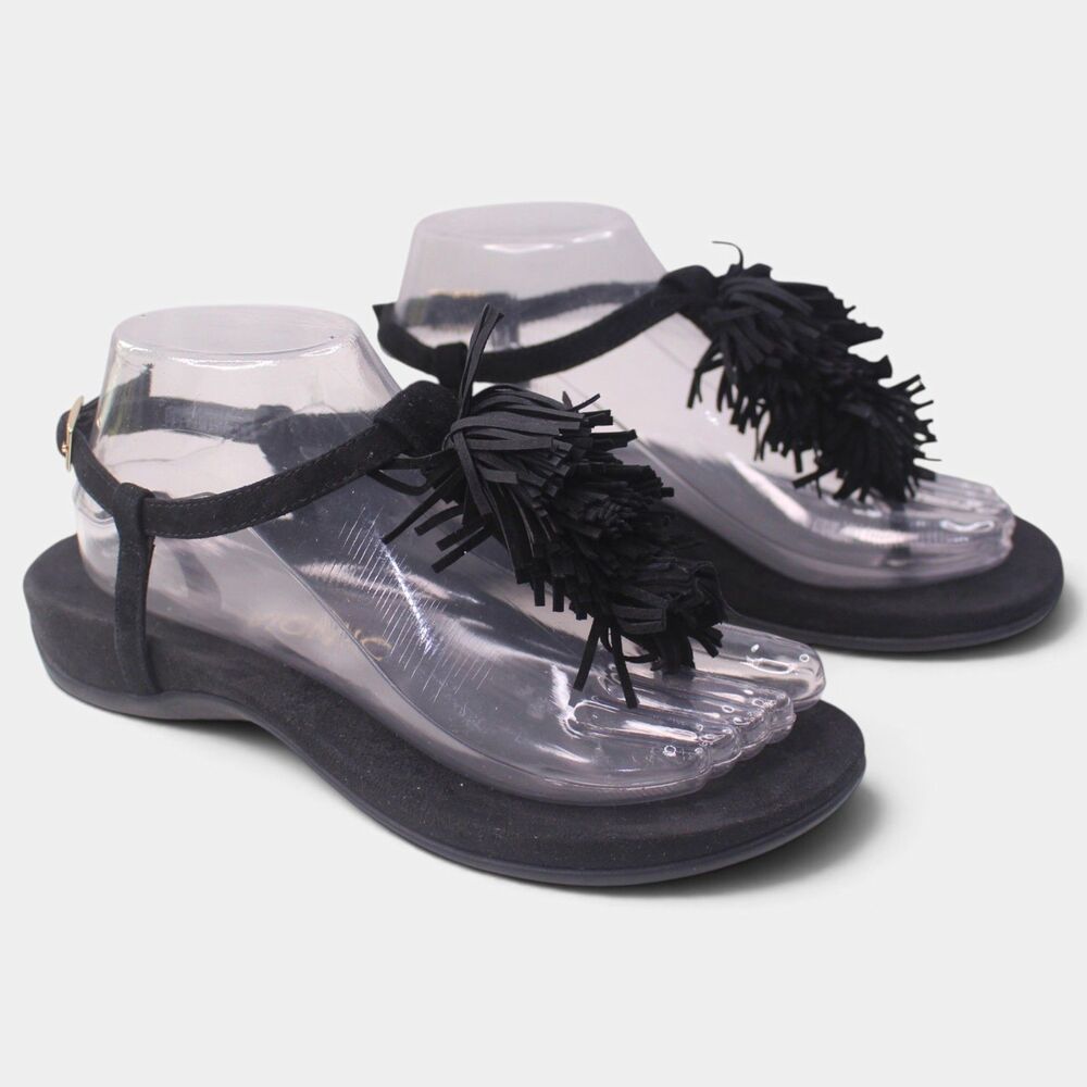Vionic Sosha Black Suede Fringe T-Strap Sandals Women's 7